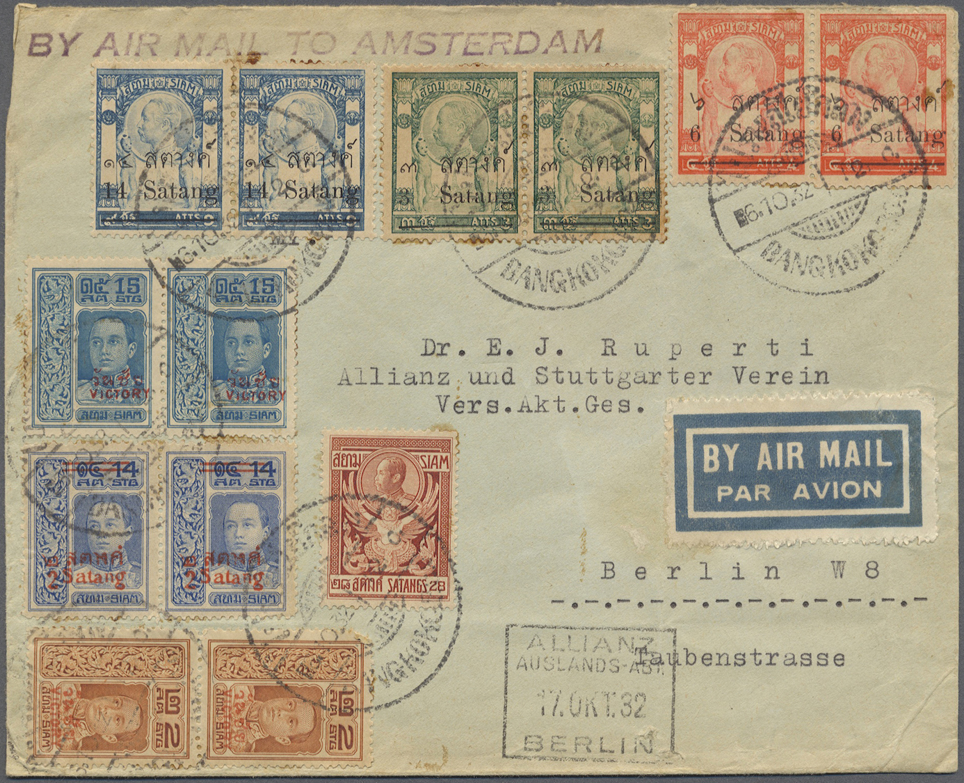 Br Thailand: 1932. Air Mail Envelope Addressed To Berlin Bearing SG 129, 3s On 3a Yellow-green (2), SG 132, 6s On 4a Sca - Thaïlande