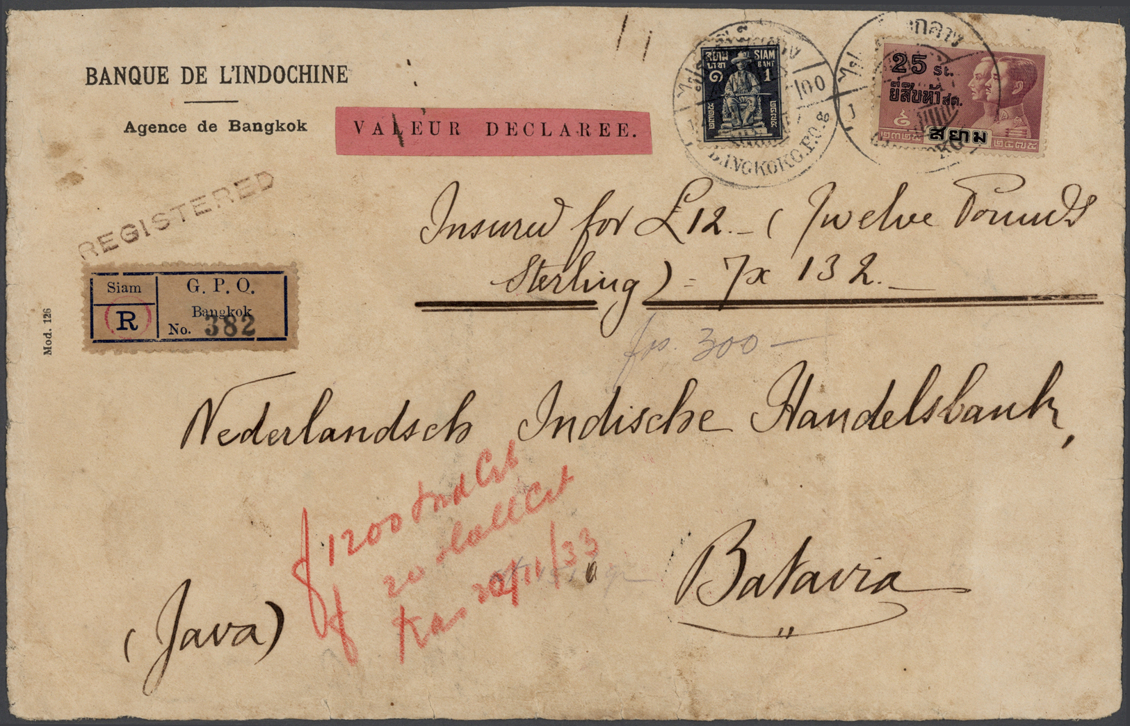 Thailand: 1932, 1 B. And 25 S. Tied "BANGKOK G.P.O. G 14.11.33" To Insured (valeur Declaree.) Front Cover With Respectiv - Thailand