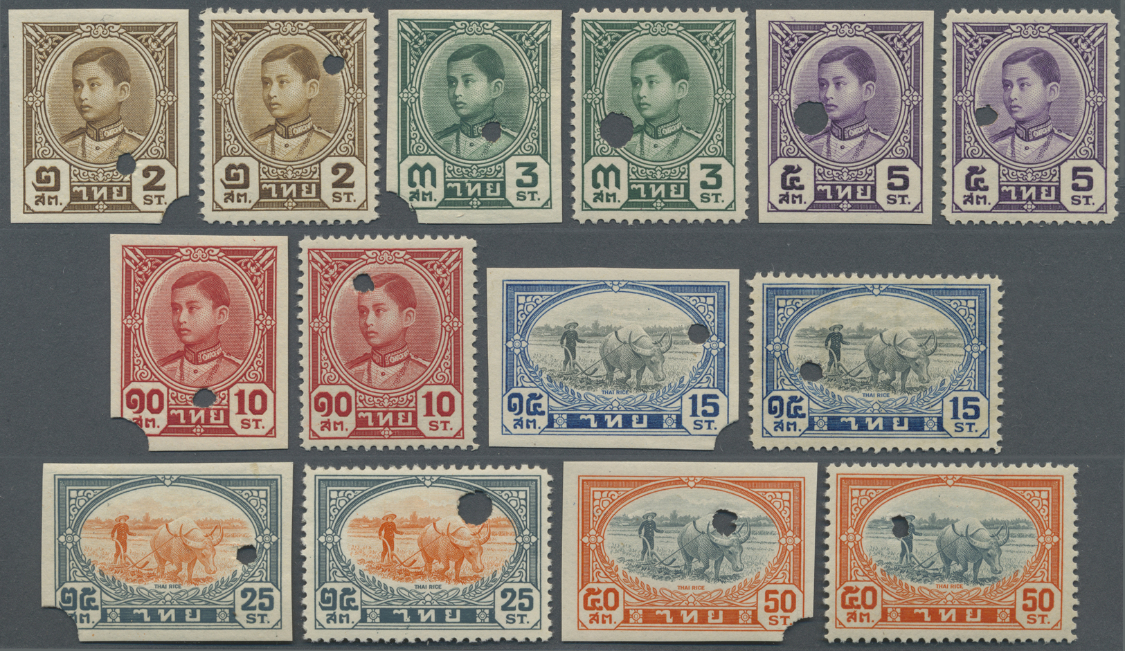 ** Thailand: 1941, Definitive Series 3 S.-10 B., Two Complete Sets Of  Imperforated And Perforated Proofs , All On Gumme - Thailand