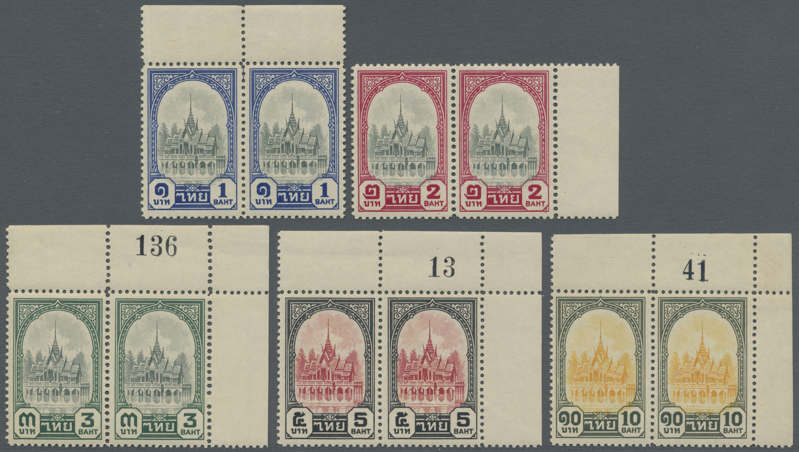 /** Thailand: 1941 'Ban Pa'im Palace' Set Of Five Baht Values In Marginal/corner Marginal Pairs, Mint Never Hinged, Fres - Thaïlande