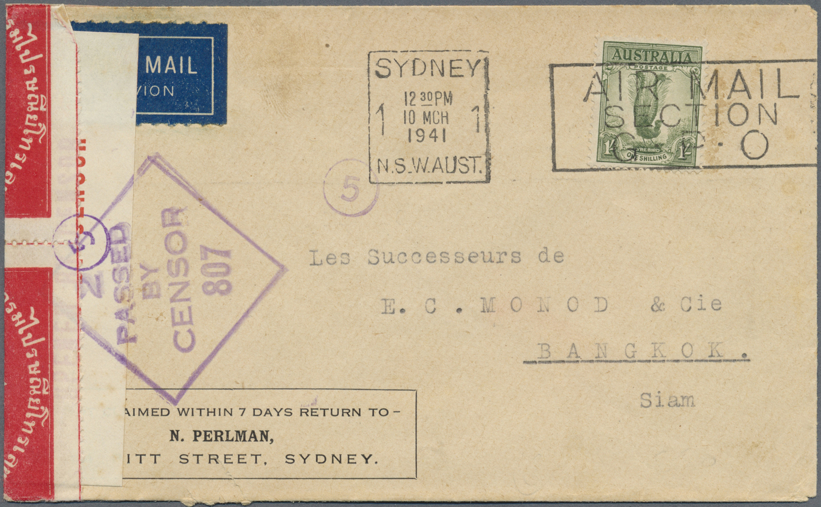 Br Thailand: 1941. Air Mail Envelope Addressed To Bankok Bearing Australia SG 174, 1s Green Tied By Boxed 'Air Mail' Slo - Thaïlande