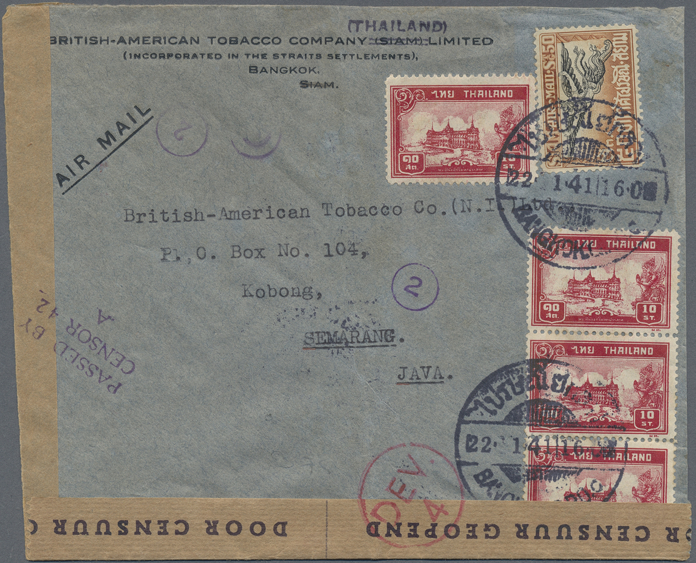 Br Thailand: 1941. Air Mail Envelope (small Faults) Laddressed To The Netherlands Lndies Bearing SG 243, 50s Black And O - Thaïlande