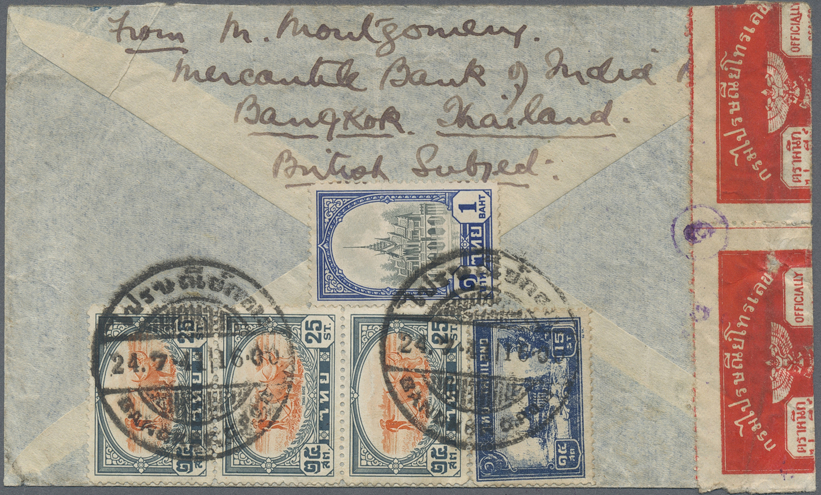 Br Thailand: 1941. Air Mail Envelope Addressed To England Bearing SG 289, 15s Blue, SG 295, 25s Orange And Slate (3) And - Thailand