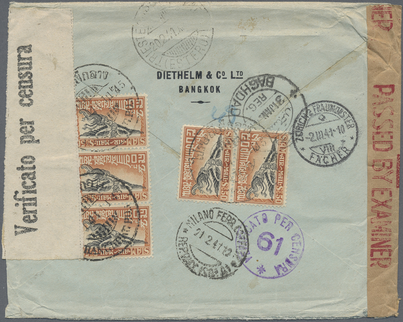 Br Thailand: 1941. Registered Air Mail Envelope Addressed To Switzerland Bearing SG 243, 50s Black And Brown (5) And SG - Thaïlande