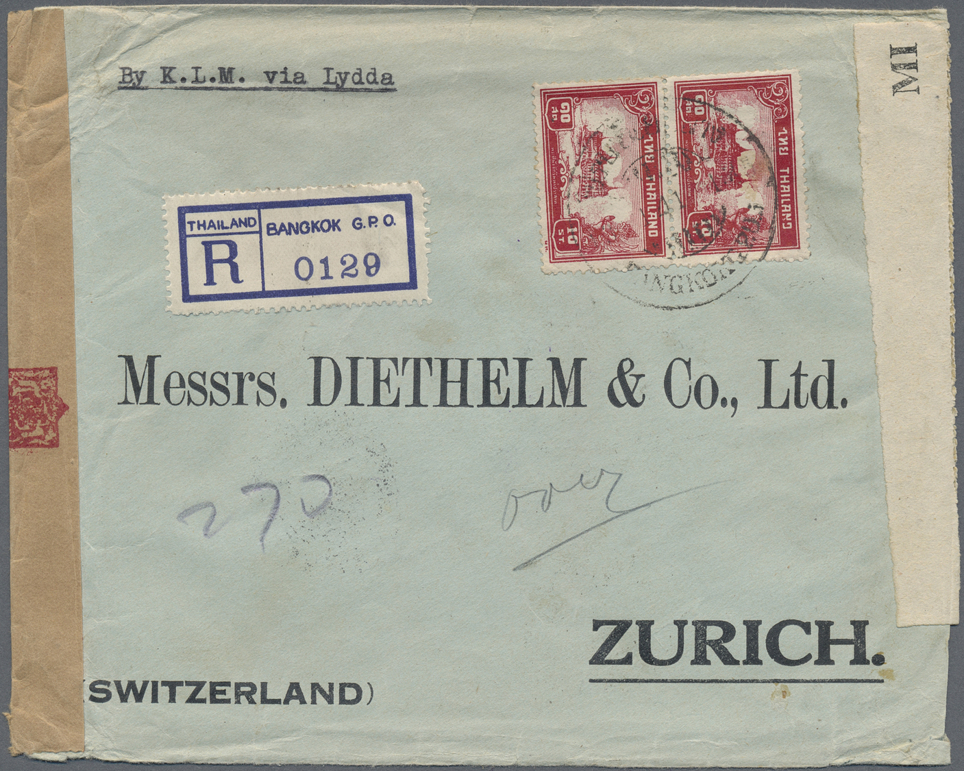 Br Thailand: 1941. Registered Air Mail Envelope Addressed To Switzerland Bearing SG 243, 50s Black And Brown (5) And SG - Thaïlande