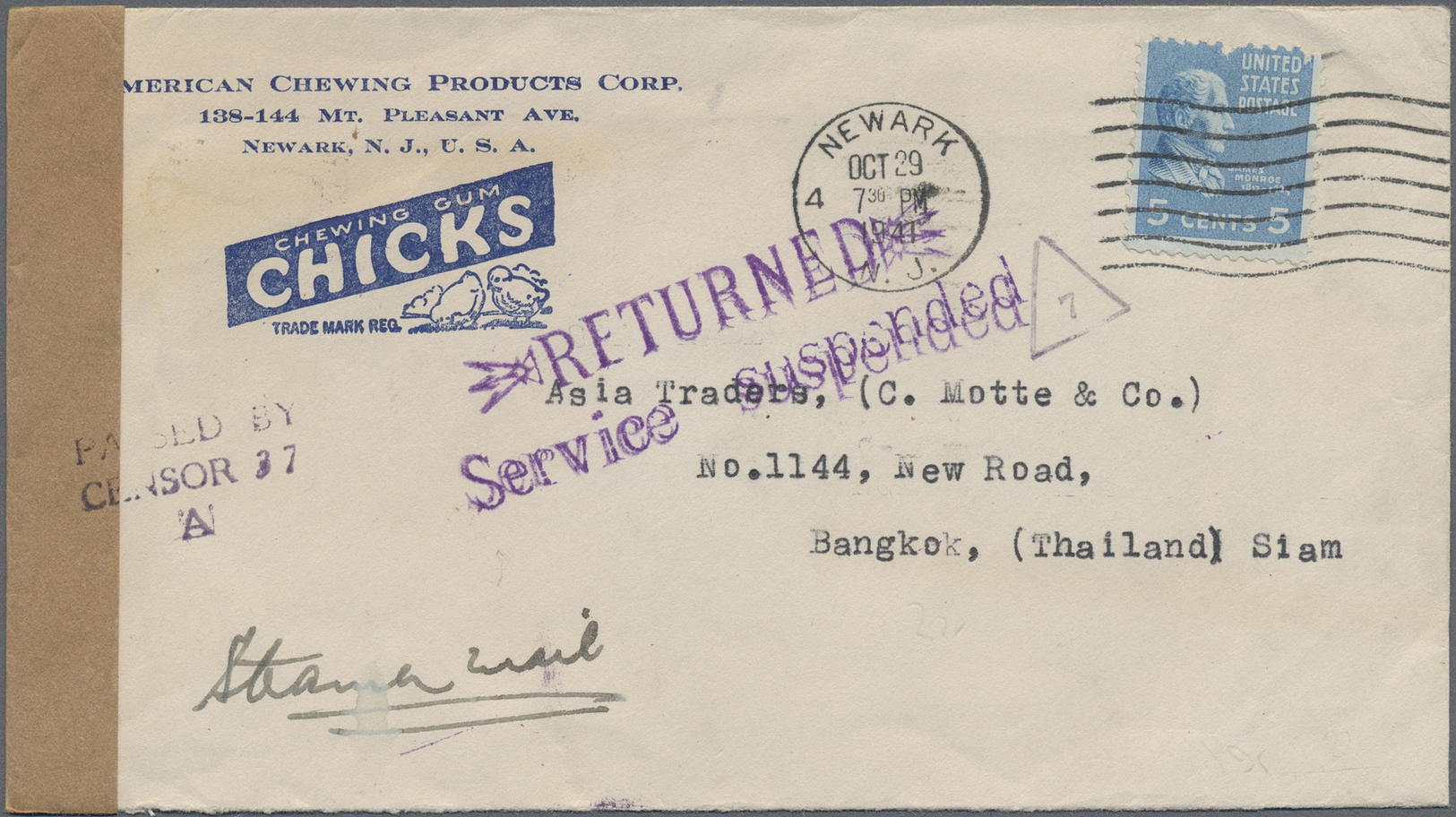 Br Thailand: 1941. Illustrated Advertising Envelope (Chicks Chewing Gum) Written From The United States Addressed To Ban - Thailand