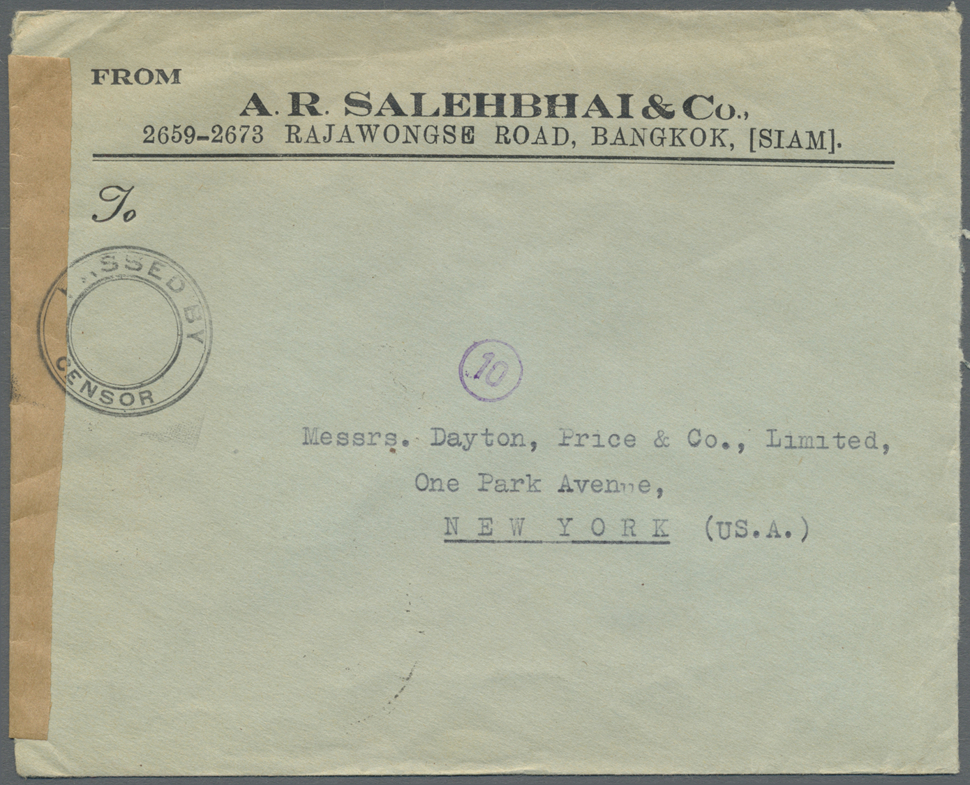 Br Thailand: 1941. Censored Envelope To New York Bearing SG 286, 3s Green (5) Tied By Bilingual Bangkok Date Stamp With - Thailand