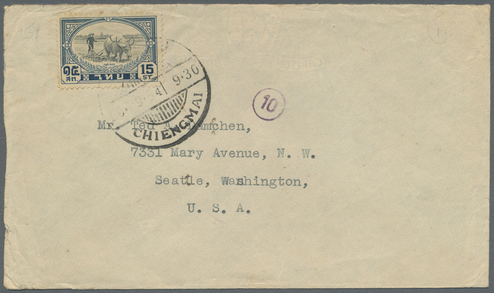 Br Thailand: 1941. Envelope Addressed To Seattle Bearing SG 294, 15s Grey And Blue Tied By Chiengmai Date Stamp Routed V - Thailand