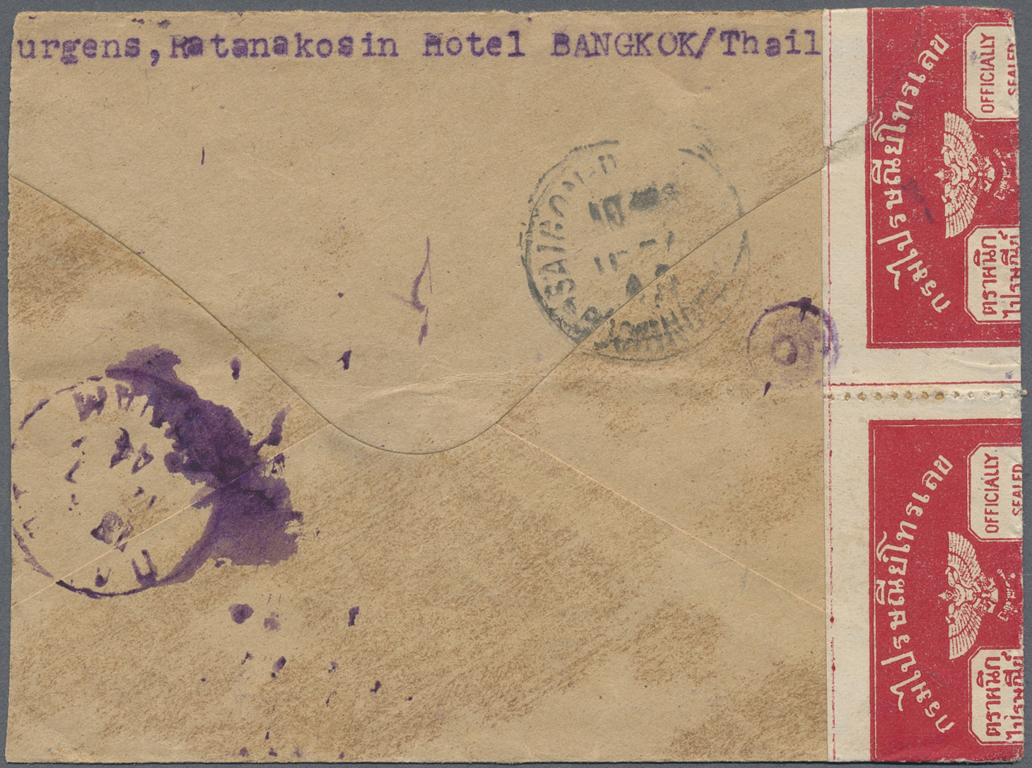 Br Thailand: 1944. Envelope (small Faults) Addressed To French Lndo-China Bearing SG 309, 3s Deep-green (2) And SG 311, - Thaïlande