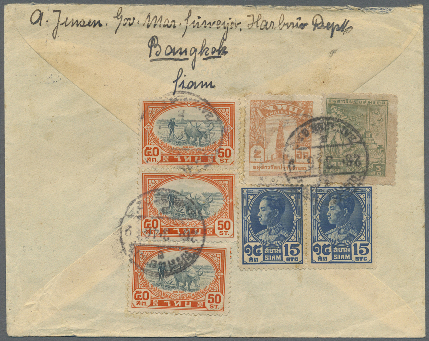 Br Thailand: 1946. Censored Envelope To The United States Bearing Yvert 197, 15s Blue (pair), 50s Orange And Green (3), - Thaïlande