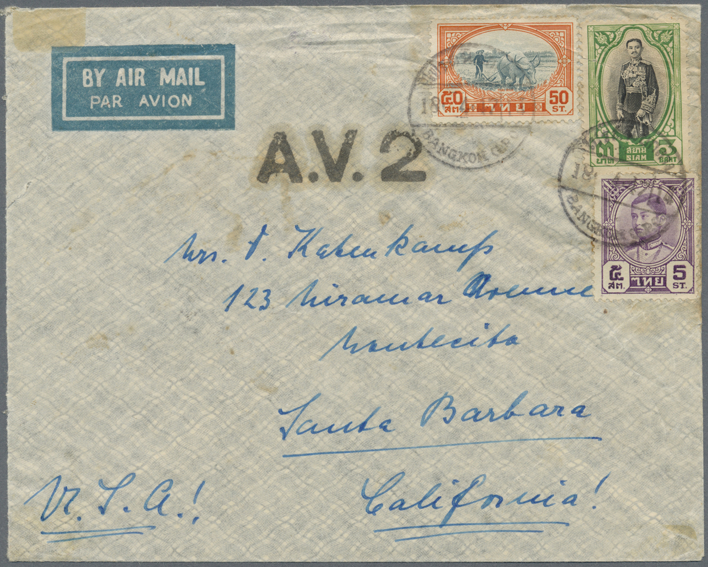 Thailand: 1947/48, Bold "A.V.2" On Airmail Covers To Switzerland (1) Or USA (3). - Thaïlande