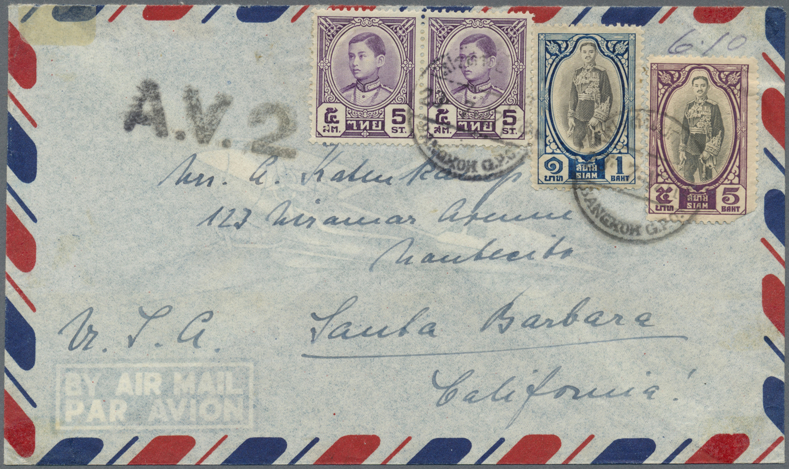 Thailand: 1947/48, Bold "A.V.2" On Airmail Covers To Switzerland (1) Or USA (3). - Thaïlande