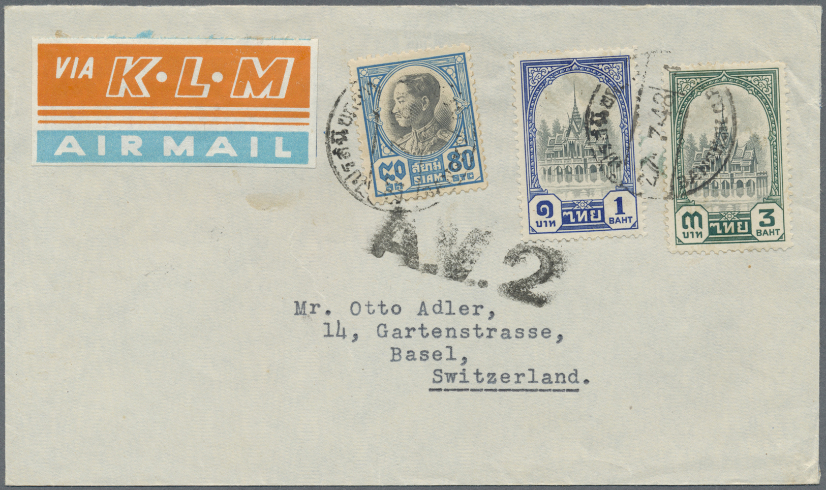 Thailand: 1947/48, bold "A.V.2" on airmail covers to Switzerland (1) or USA (3).