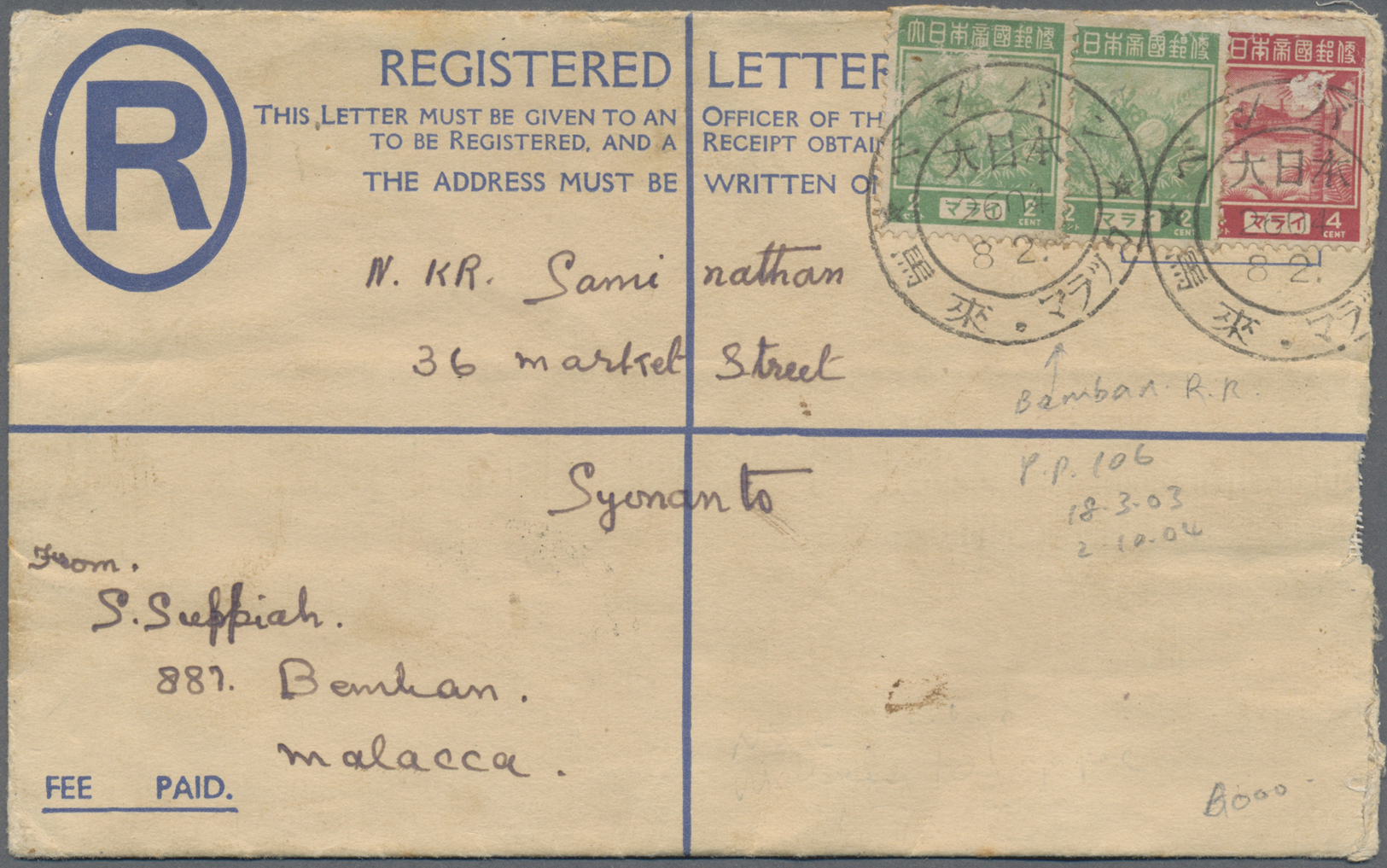 GA Thailand - Besetzung Malaiischer Gebiete: General Issues, Used In Malacca, 1942, Negri Sembilan Envelope (right Openi - Thaïlande