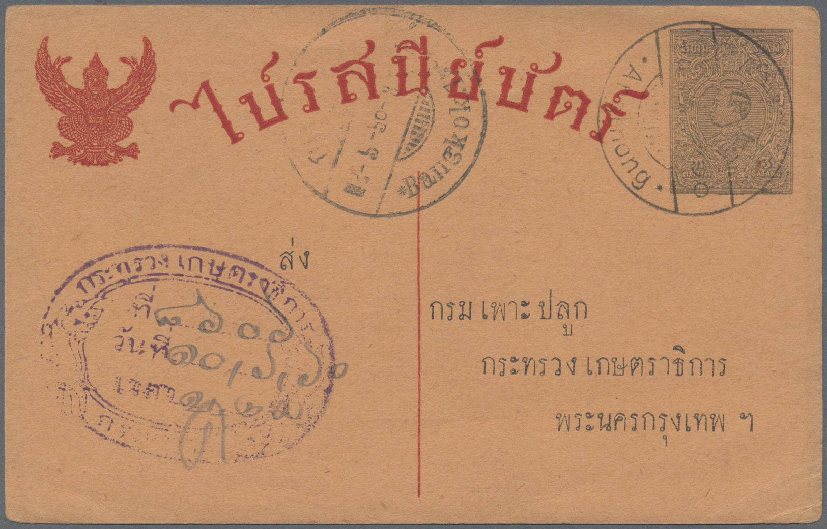 GA Thailand - Ganzsachen: 1915-17 Postal Stationery Card 3s. Black-green On Thin Dark Salmon Card Used From Angthong To - Thaïlande