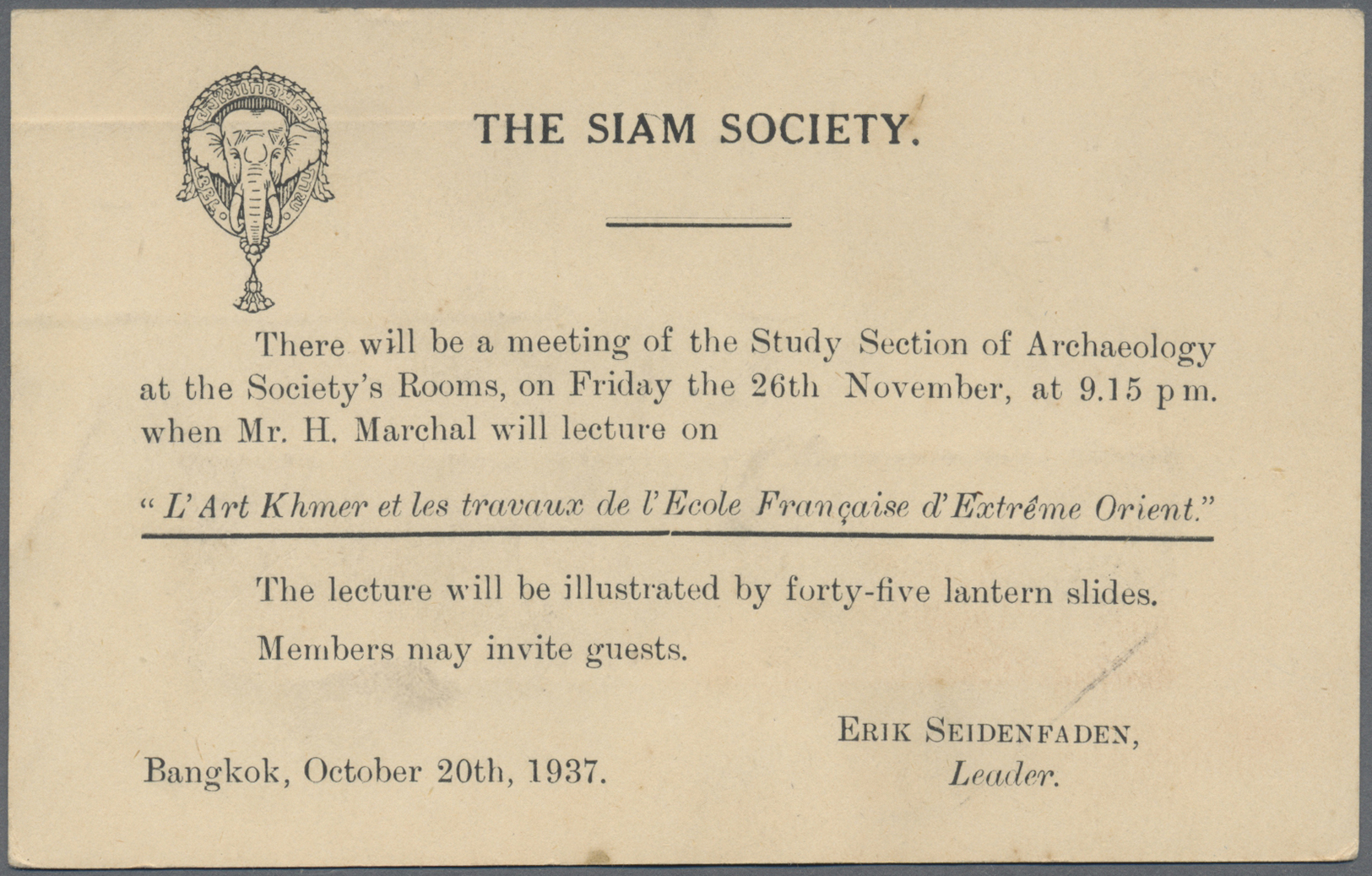 GA Thailand - Ganzsachen: 1933 Postal Stationery Card 2s. Brown, With 'The Siam Society' And Elephant Head Printing On R - Thaïlande