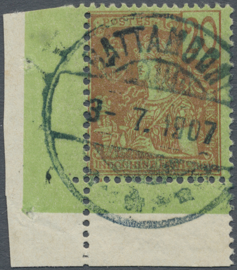 O Thailand - Stempel: SIAMESE POST OFFICES IN CAMBODIA 1907. Indo-China SG 36, 20c Green/red (bottom Left Sheet Corner) - Thailand