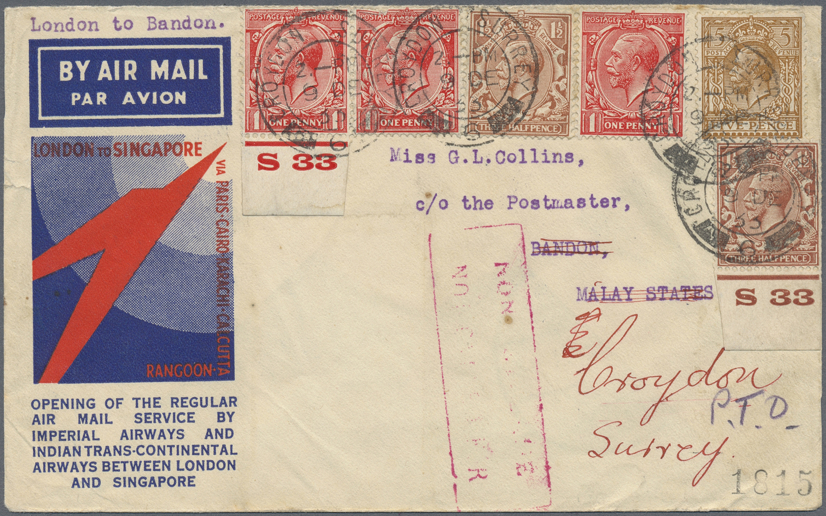 Br Thailand - Besonderheiten: 1933. Air Mail Envelope Addressed To 'c/o Postmaster, Bandon ' Bearing Great Britain SG 41 - Thailand