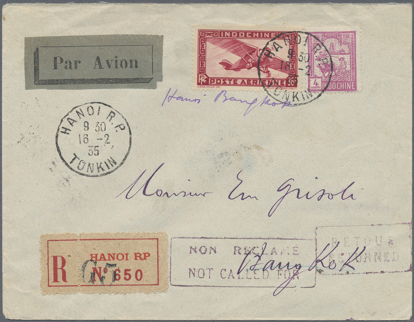 Br Thailand - Besonderheiten: 1935. Registered Air Mail Envelope Addressed To Bangkok Bearing Lndo-China SG 143, 4c Pink - Thaïlande