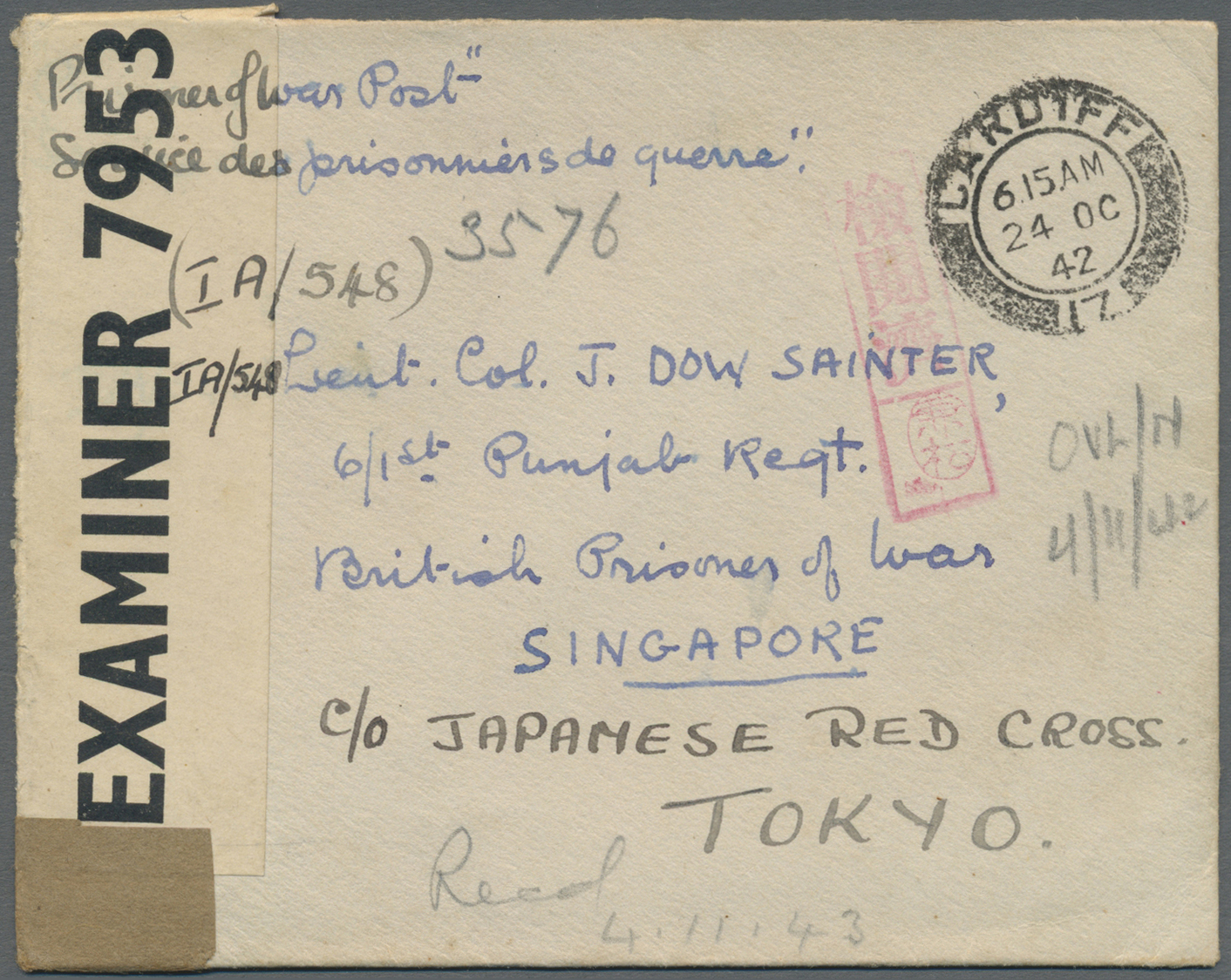 Br Thailand - Besonderheiten: 1942. Prisoner Of War Mail Envelope Written From Cardiff With 'Opened By Examiner/7953' Ce - Thailand