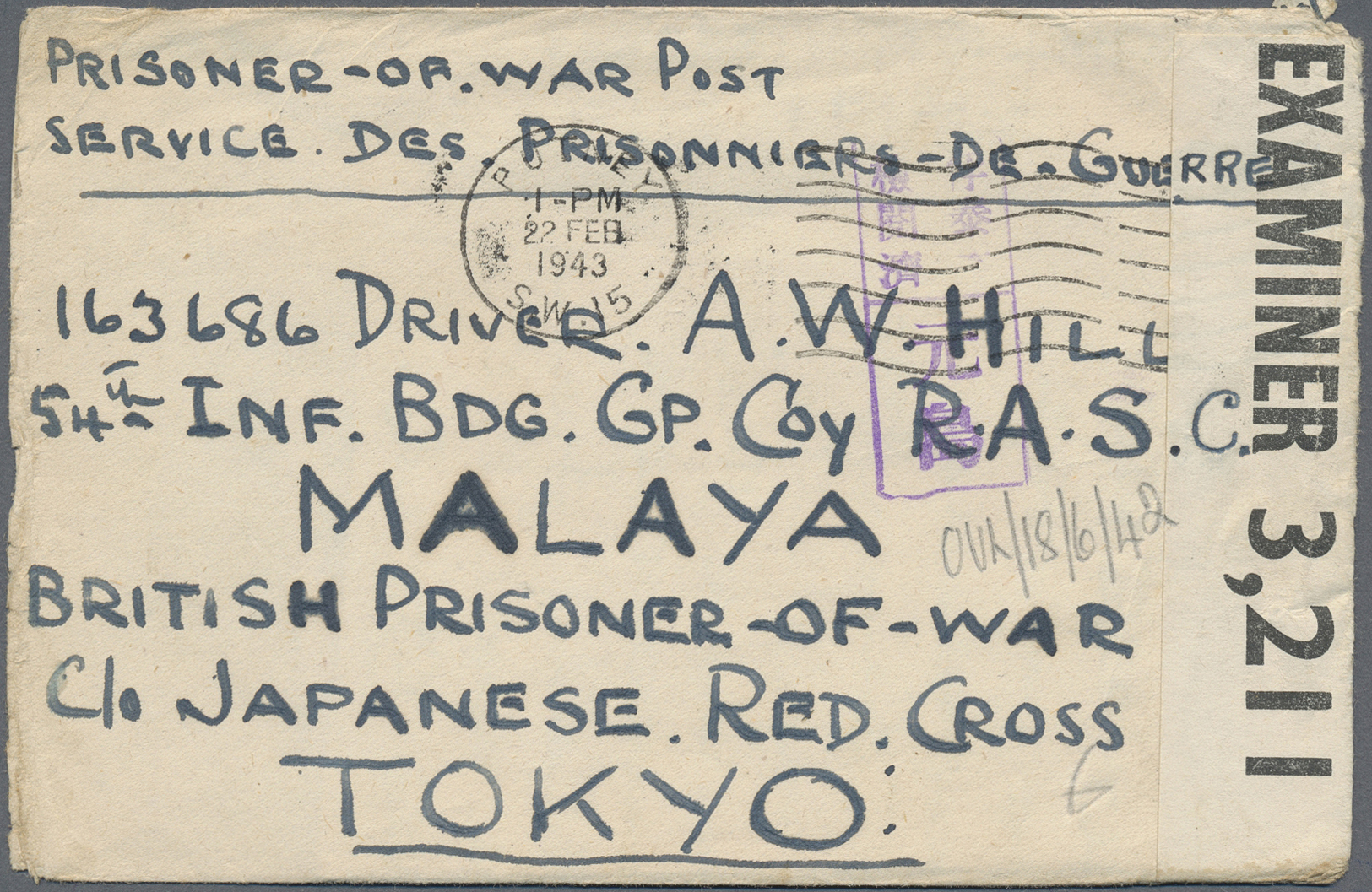 Br Thailand - Besonderheiten: 1943, PRISONER OF WAR MAIL. BURMA THAI RAILWAY. Stampless Envelope Endorsed 'Prisoner Of W - Thaïlande