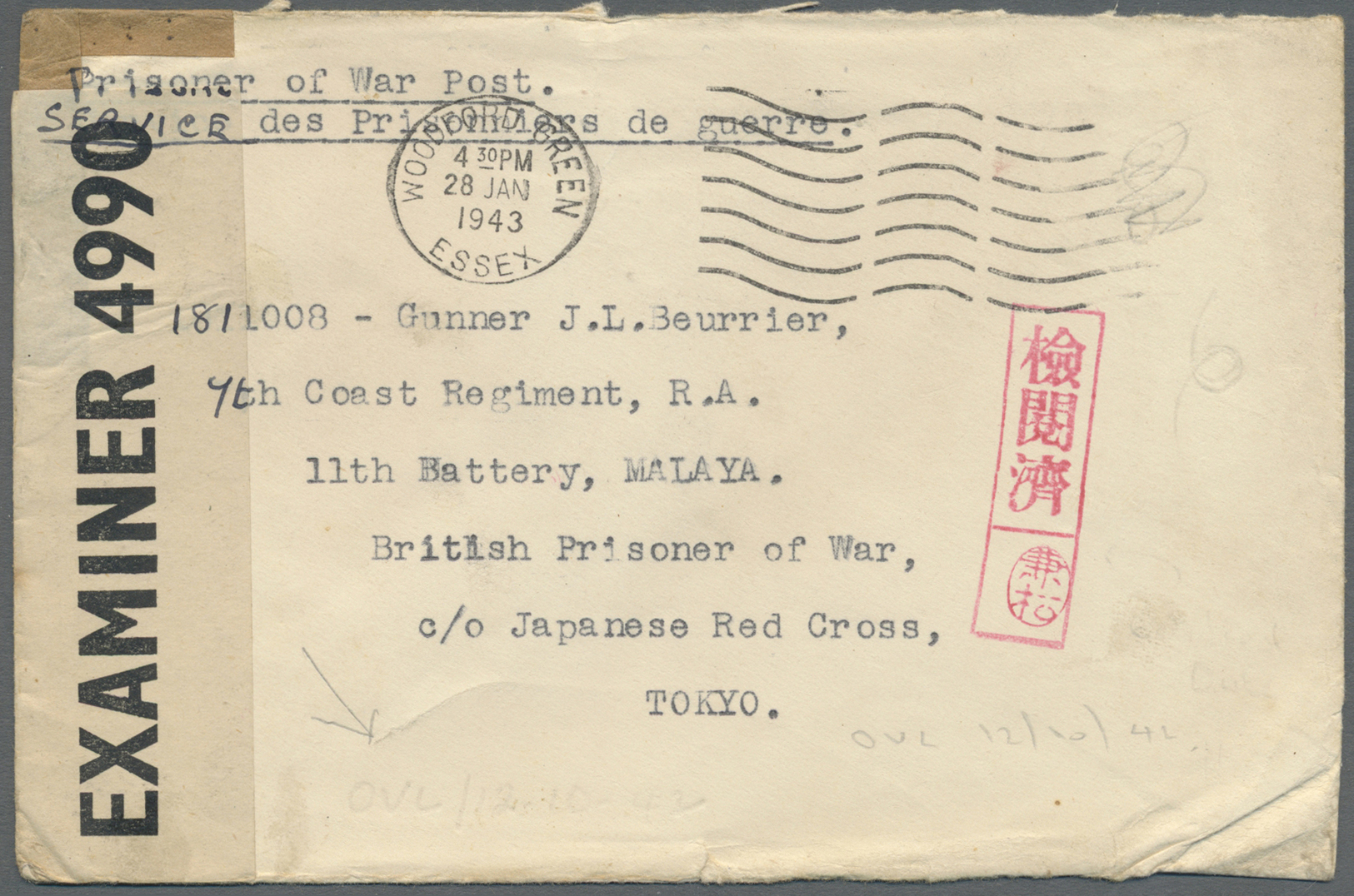 Br Thailand - Besonderheiten: 1943. Censored Envelope Headed 'Prisoner Of War Post/ Service Des Prisonniers De Guerre' A - Thaïlande
