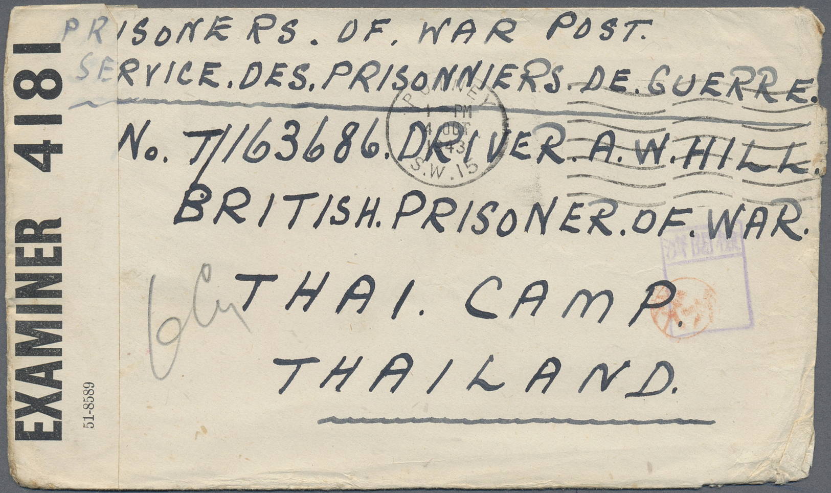 Br Thailand - Besonderheiten: 1943, PRISONER OF WAR MAIL. BURMA THAI RAILWAY. Stampless. Envelope Endorsed 'Prisoner Of - Thaïlande