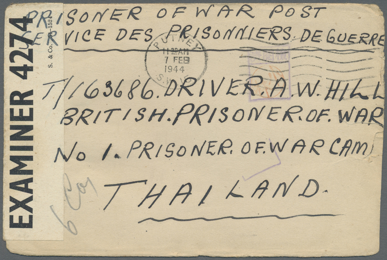 Br Thailand - Besonderheiten: 1944, PRISONER OF WAR MAIL. BURMA THAI RAILWAY. Stampless. Envelope Endorsed 'Prisoner Of - Thaïlande