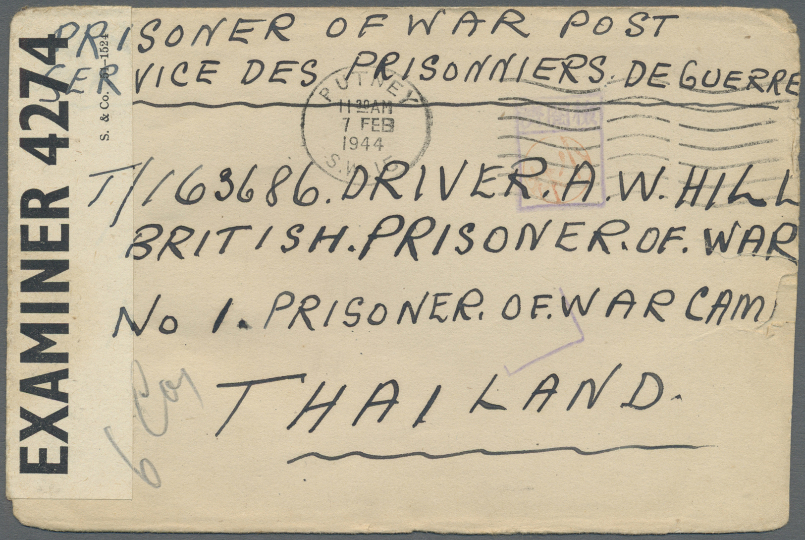 Br Thailand - Besonderheiten: 1944, PRISONER OF WAR MAIL. BURMA THAI RAILWAY. Stampless. Envelope Endorsed 'Prisoner Of - Thailand