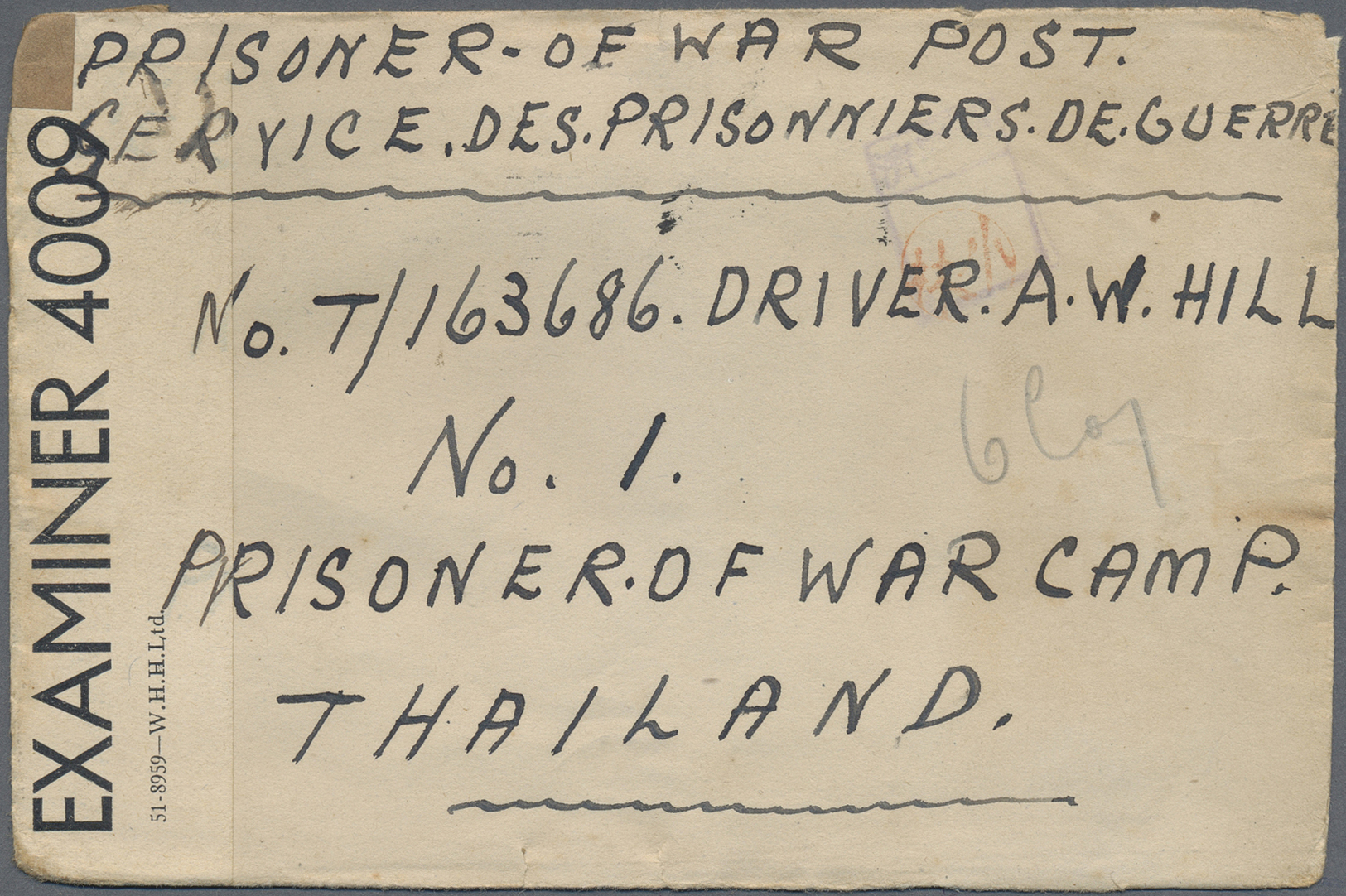 Br Thailand - Besonderheiten: 1944, PRISONER OF WAR MAIL. BURMA THAI RAILWAY. Stampless Envelope Endorsed 'Prisoner Of W - Thailand