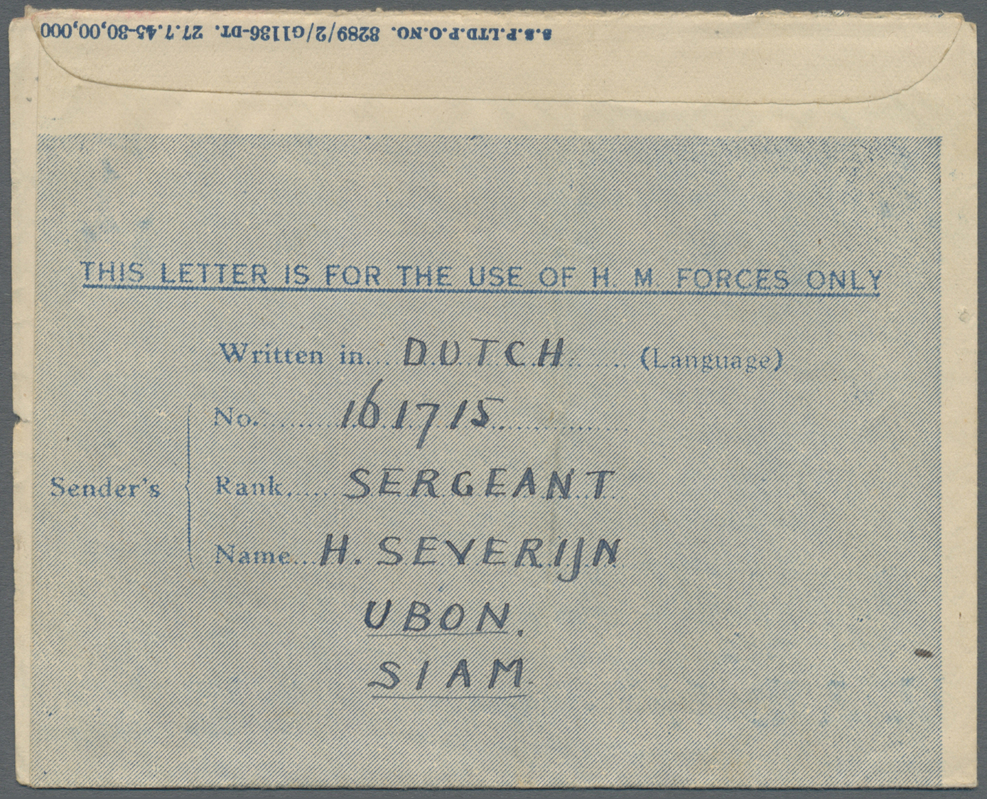 Br Thailand - Besonderheiten: 1945, LIBERATED DUTCH P.O.W.s BURMA-THAI RAILWAY. Blue Air Letter Endorsed 'On Active Serv - Thaïlande