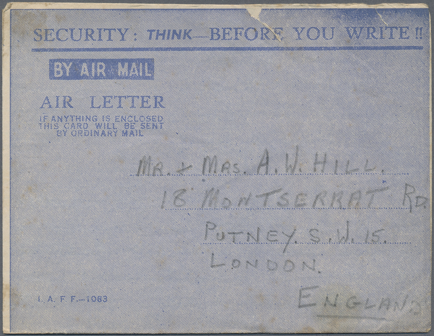 Br Thailand - Besonderheiten: 1945, PRISONER OF WAR MalL. BURMA THAI RAILWAY. Blue Air Letter Written By 'Driver Hill, N - Thaïlande