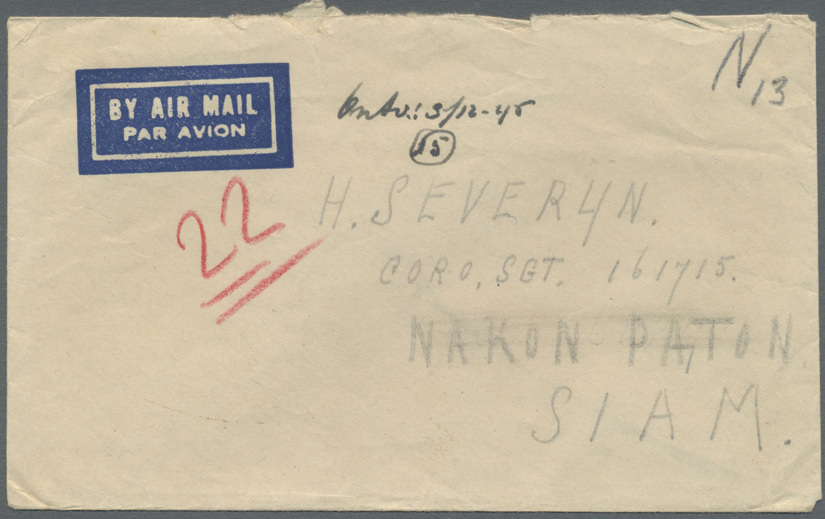 Br Thailand - Besonderheiten: 1945, LIBERATED DUTCH P.O.W.s BURMA THAI RAILWAY. Stampless Air Mail Envelope Written By ' - Thaïlande