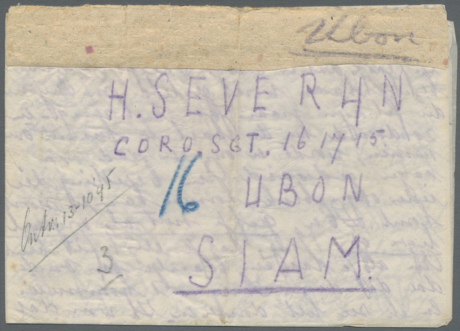 Br Thailand - Besonderheiten: 1945, LIBERATED DUTCH P.O.W.'s. BURMA-THAI RAILWAY. Stampless Envelope Written By 'Mrs Sev - Thaïlande