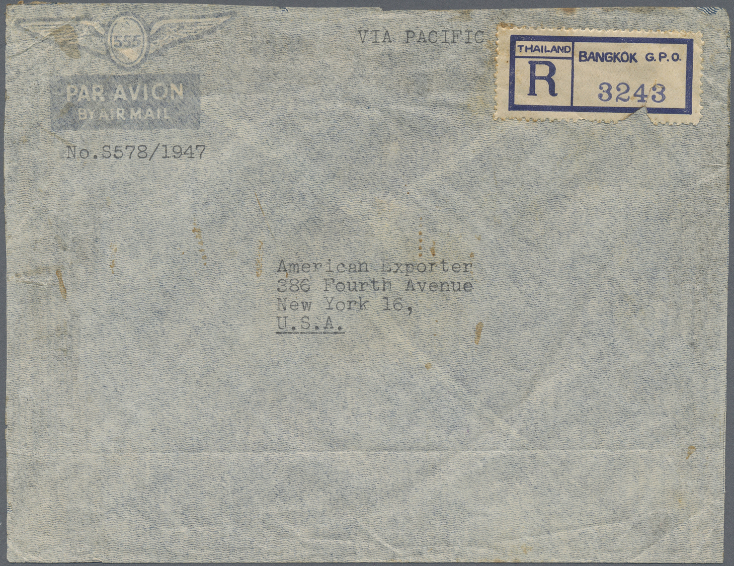 Br Thailand - Besonderheiten: 1947. Air Mail Registered Envelope Headed 'Siamese Airways Company, Bangkok, Siam' Address - Thaïlande