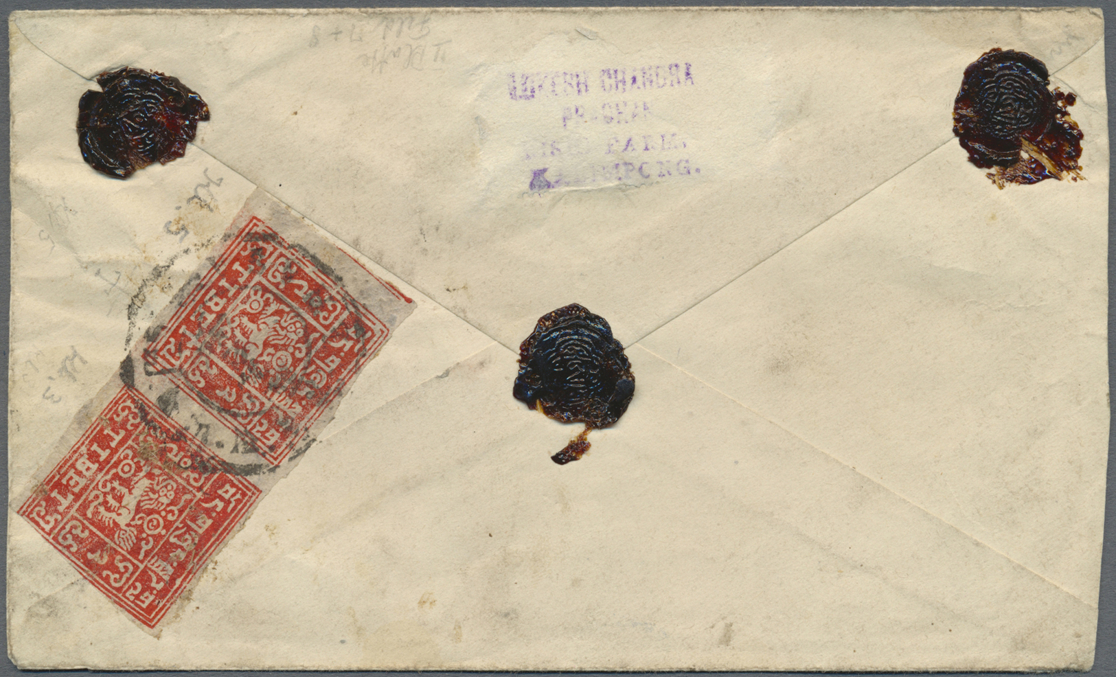 Br Tibet: 1933, 2 T. Red, A Horizontal Pair Pl. II Pos. 7-8 (clichés 5+3, Pos. 3 Slightly Cut-in) Tied "LASSA" To Revers - Asia (Other)