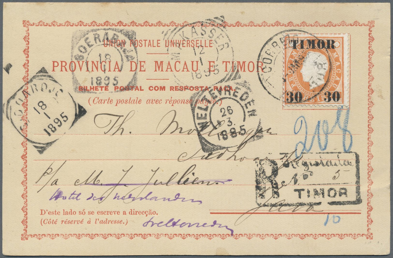 Br Timor: 1895. Registered Timor Postal Stationery Double Reply Card Bearing Timor SG 31, 30 On 300r Orange Tied By Timo - East Timor