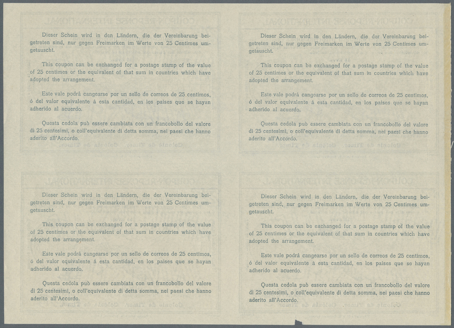 GA Timor: Design "Rome" 1906 International Reply Coupon As Block Of Four 15 Avos Timor. This Block Of International Repl - Timor Oriental
