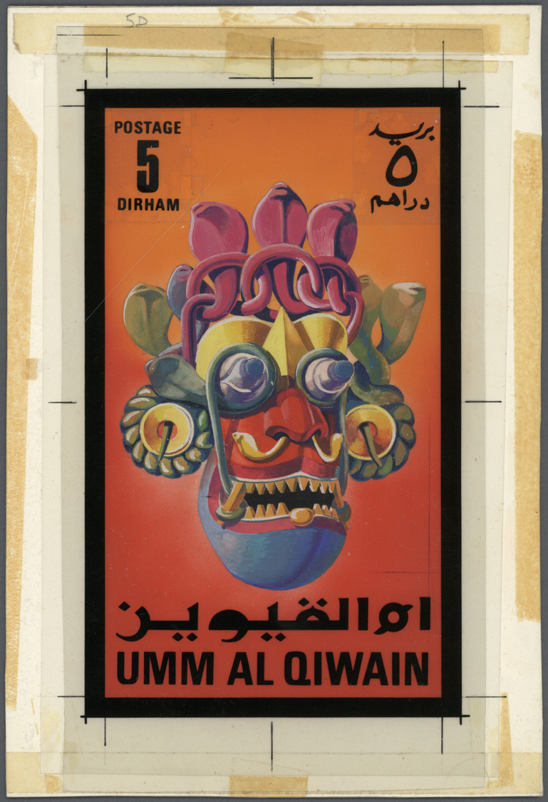 Umm Al Qaiwain: 1972. Artist's Drawing For The 5dh Value Of The MASKS Series Showing A MASK FROM CEYLON. Acryliy On Card - Umm Al-Qiwain