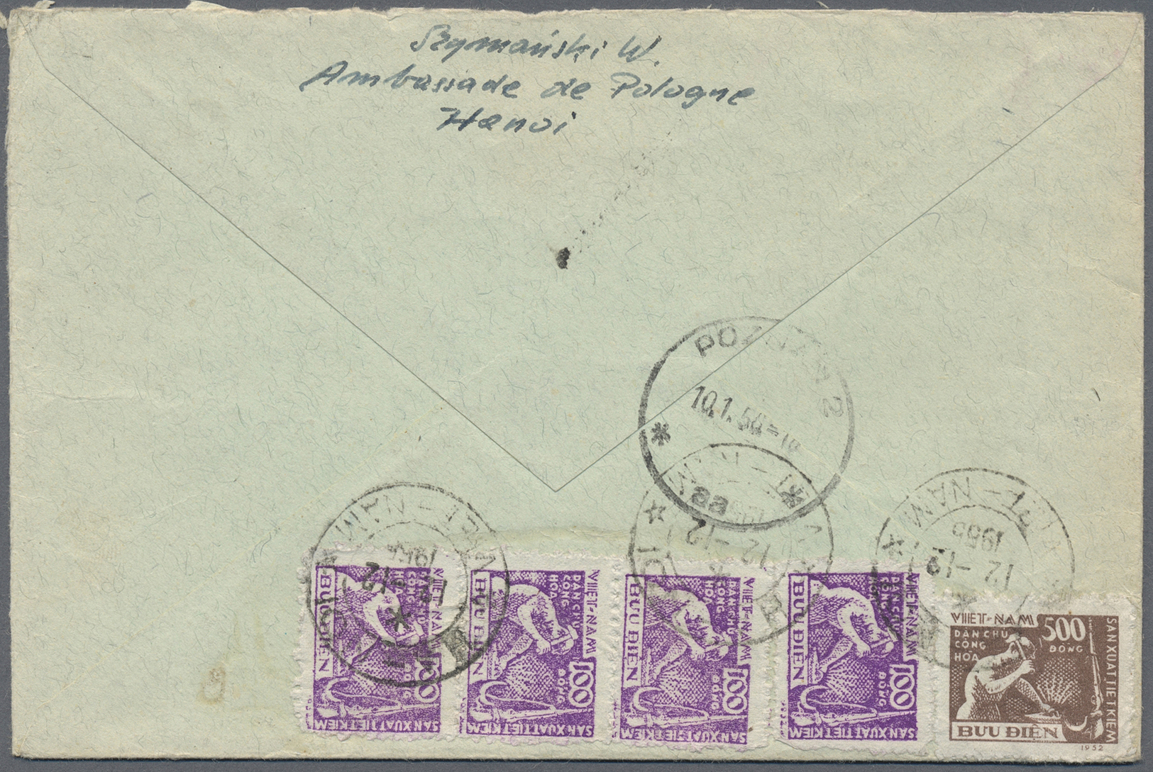 Br Vietnam-Nord (1945-1975): 1953, Production Funding 500 D. Brown And Vertical Strip Of 4 100 D. Violet, Eacht Tied By - Vietnam