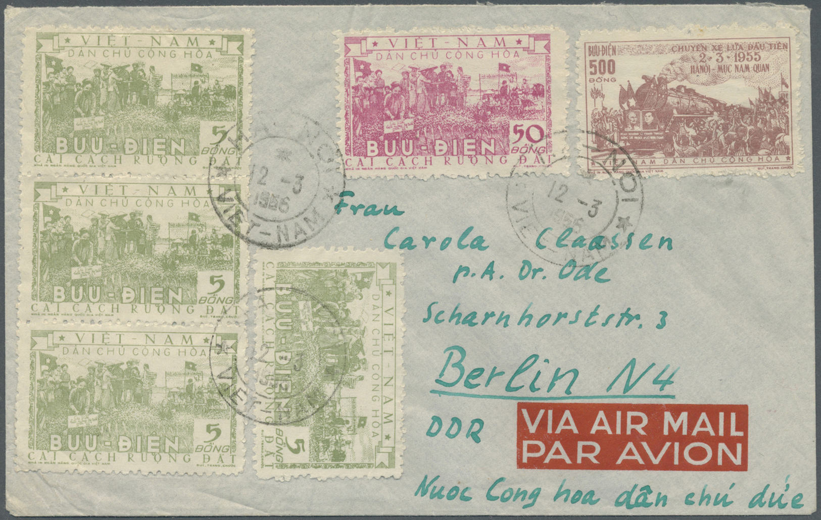 Br Vietnam-Nord (1945-1975): 1955, Agrar-reform 4x 5 D Green, 50 D Rose And Railway-line Hanoi/Nuc-Nam-Quan 500 D Brown - Vietnam