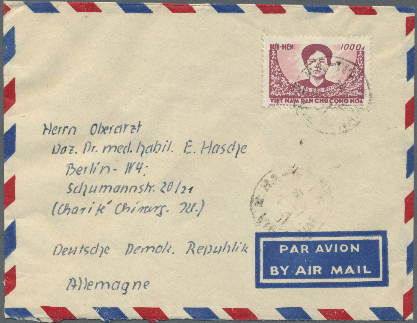 Br Vietnam-Nord (1945-1975): 1956, Mac-Thi-Buoi 1000 D Rose/lilac Single Franking On Airmail-letter Sent From "HA-NOI 2- - Viêt-Nam