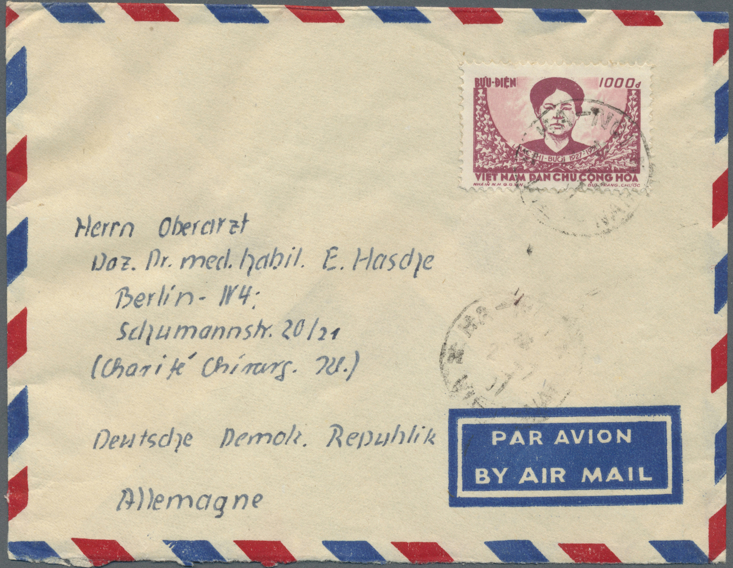 Br Vietnam-Nord (1945-1975): 1956, Mac-Thi-Buoi 1000 D Rose/lilac Single Franking On Airmail-letter Sent From "HA-NOI 2- - Vietnam