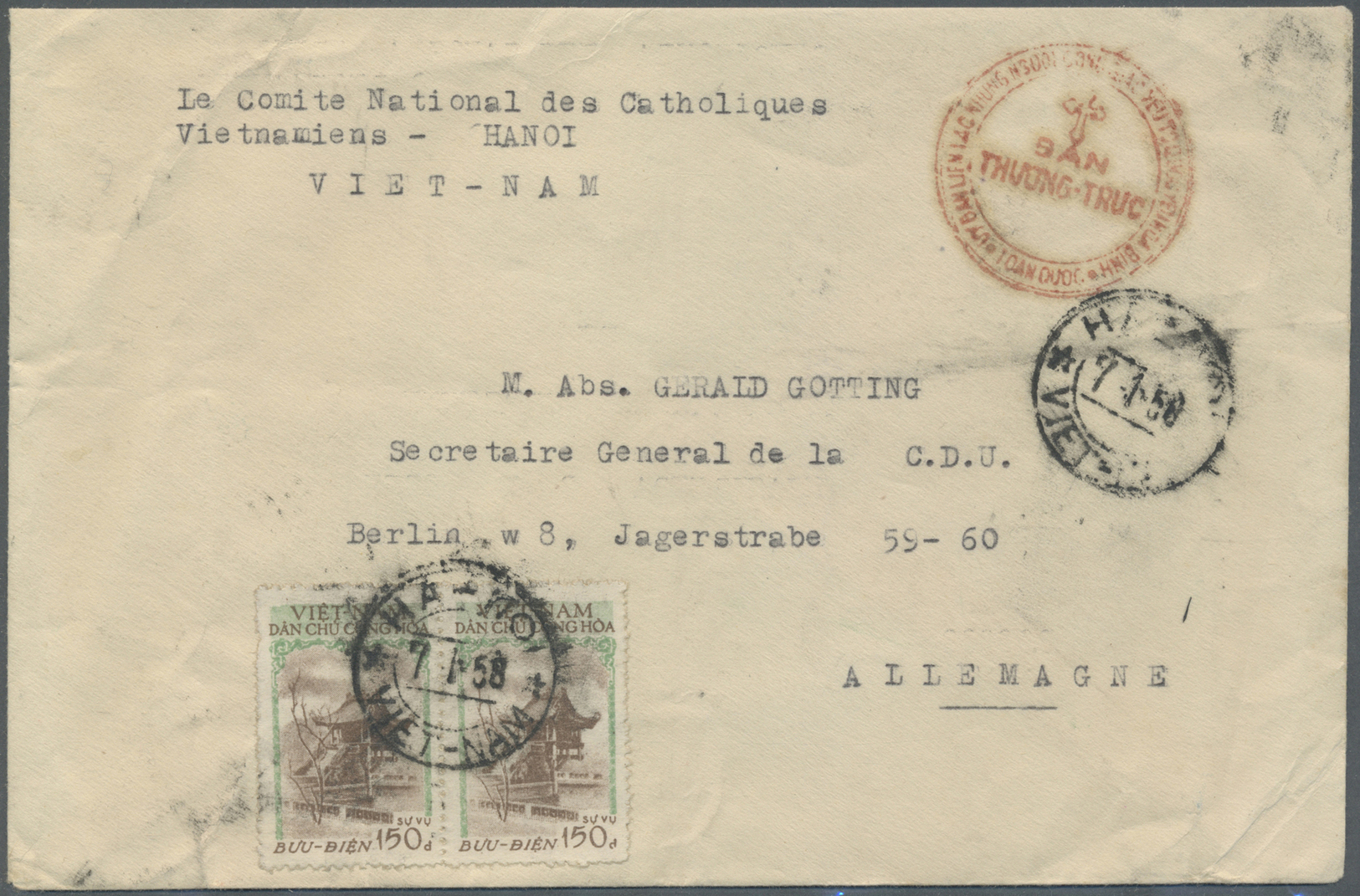 Br Vietnam-Nord - Portomarken: 1957(7.1.), Official Stamp 150 D Green/brown, A Pair Without Designers Signature On Envel - Viêt-Nam
