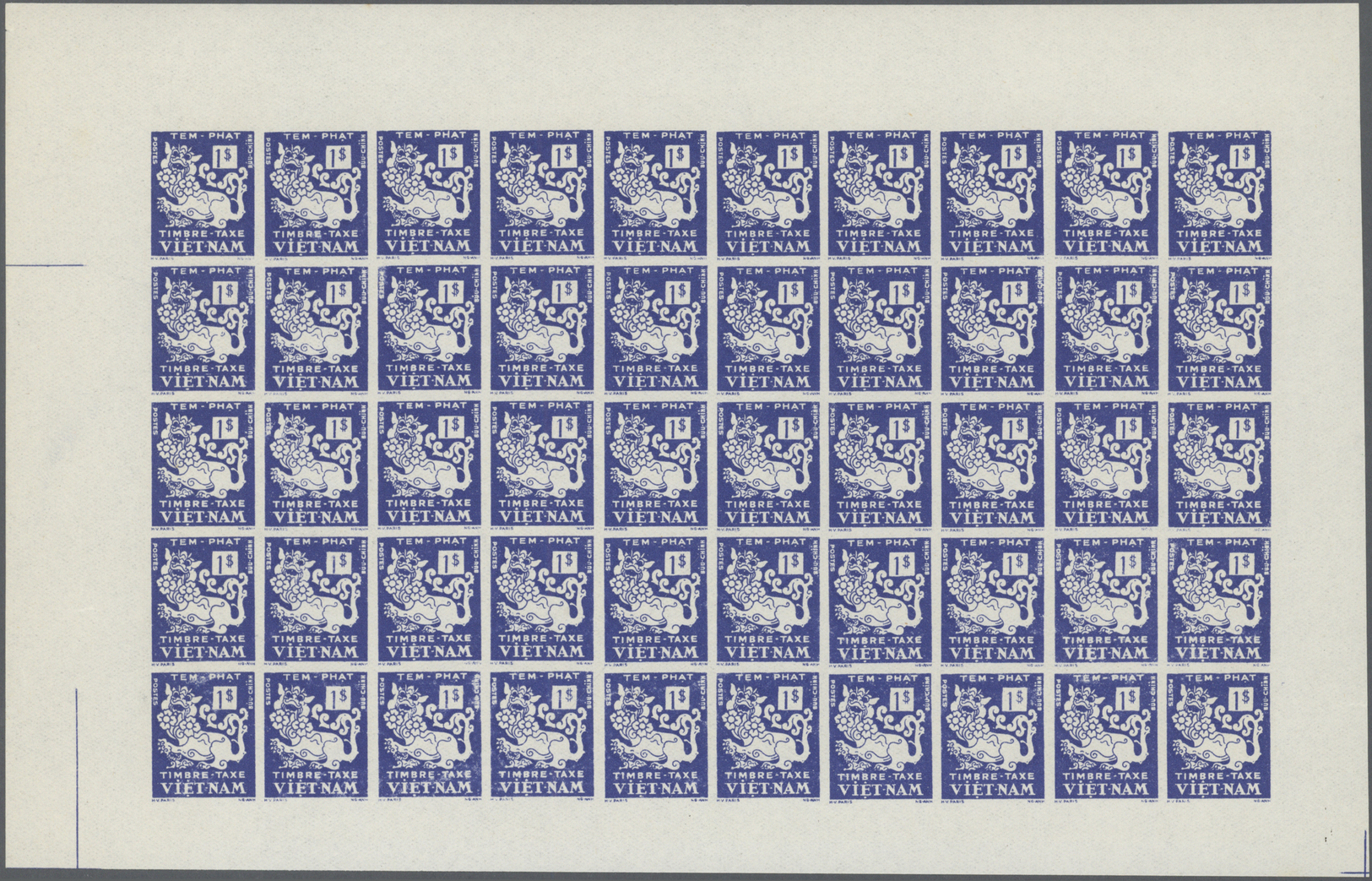 ** Vietnam-Süd - Portomarken: 1952. 1$ Bleu Dragon. Panneau Complet De 50 Non Dentelés. Sans Couleur Argent. - Viêt-Nam