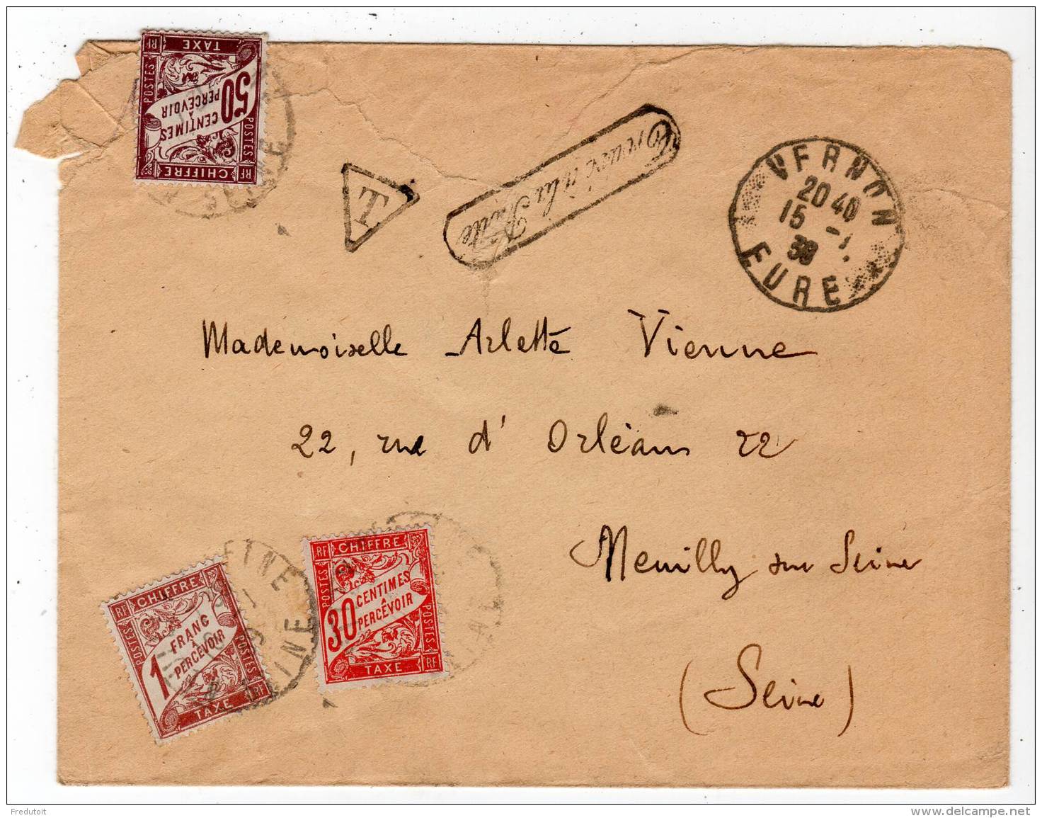 FRANCE - LETTRE TAXEE De Vernon (27) Le 15/01/1939 Avec Marque : Trouvé à La Boite - - 1859-1959 Storia Postale