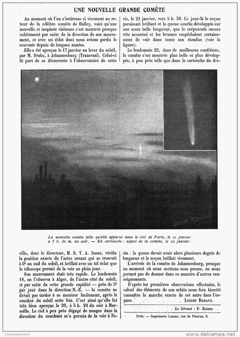 LA NOUVELLE COMETE De JANVIER 1910  " LA COMETE DE JOHANNESBURG "  1910 - Astronomie