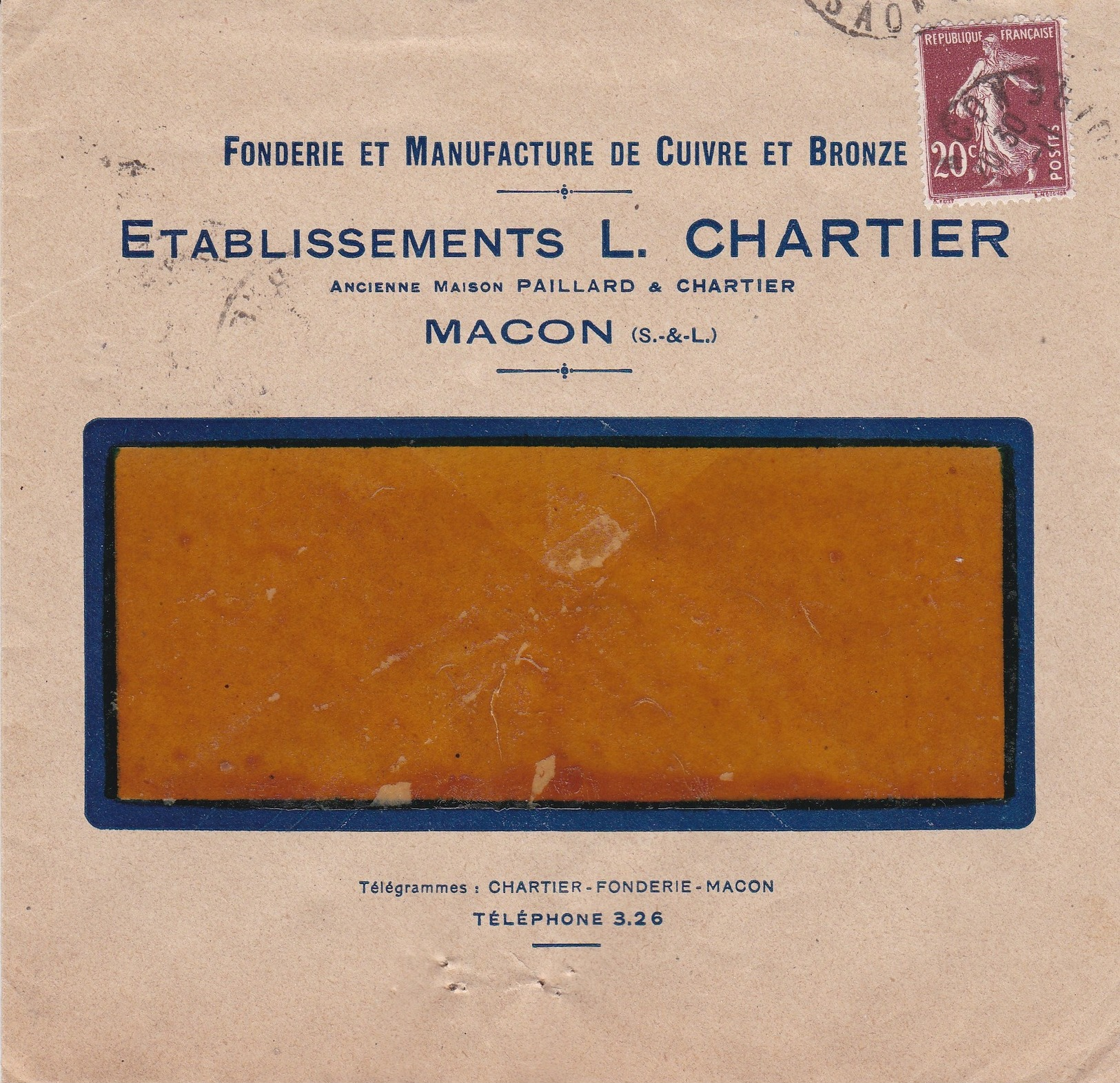 FACTURE + Enveloppe Des Ets  L. CHARTIER - Fonderie Et Manufacture De Cuivre & Bronze - à  MACON  (71) - Autres & Non Classés