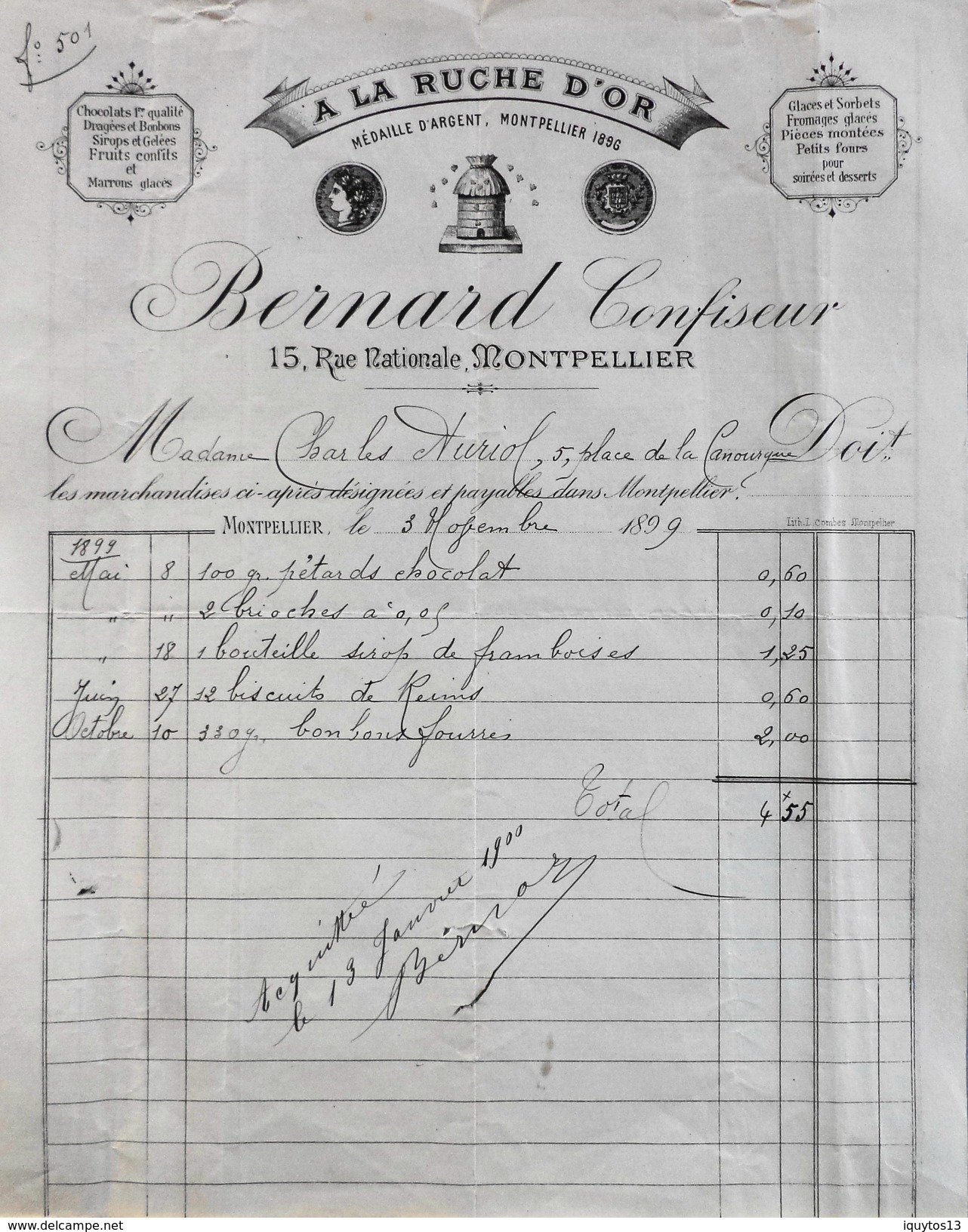 Facture De BERNARD Confiseur - A LA RUCHE D'OR à Montpellier à Mr Charles AURIOL - Daté 03.11.1899 Et Signée - BE - 1800 – 1899