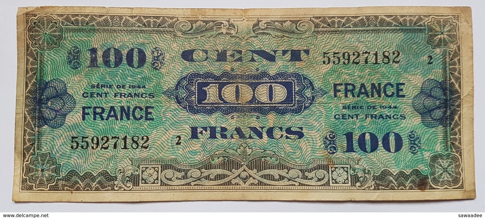 BILLET FRANCE - P.118b - CHIFFRE 2 - 100 FRANCS - SERIE DE 1944 - BILLET MILITAIRE ALLLIE SECONDE GUERRE MONDIALE - 1944 Drapeau/Francia